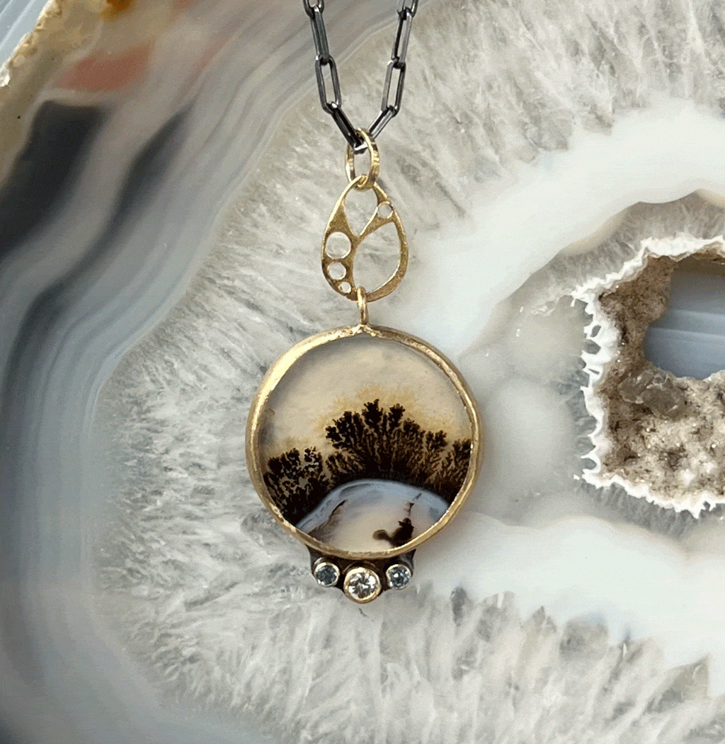 Karin Luvaas Necklaces Dendritic Agate, Sapphire, and Aquamarine Gold Pendant