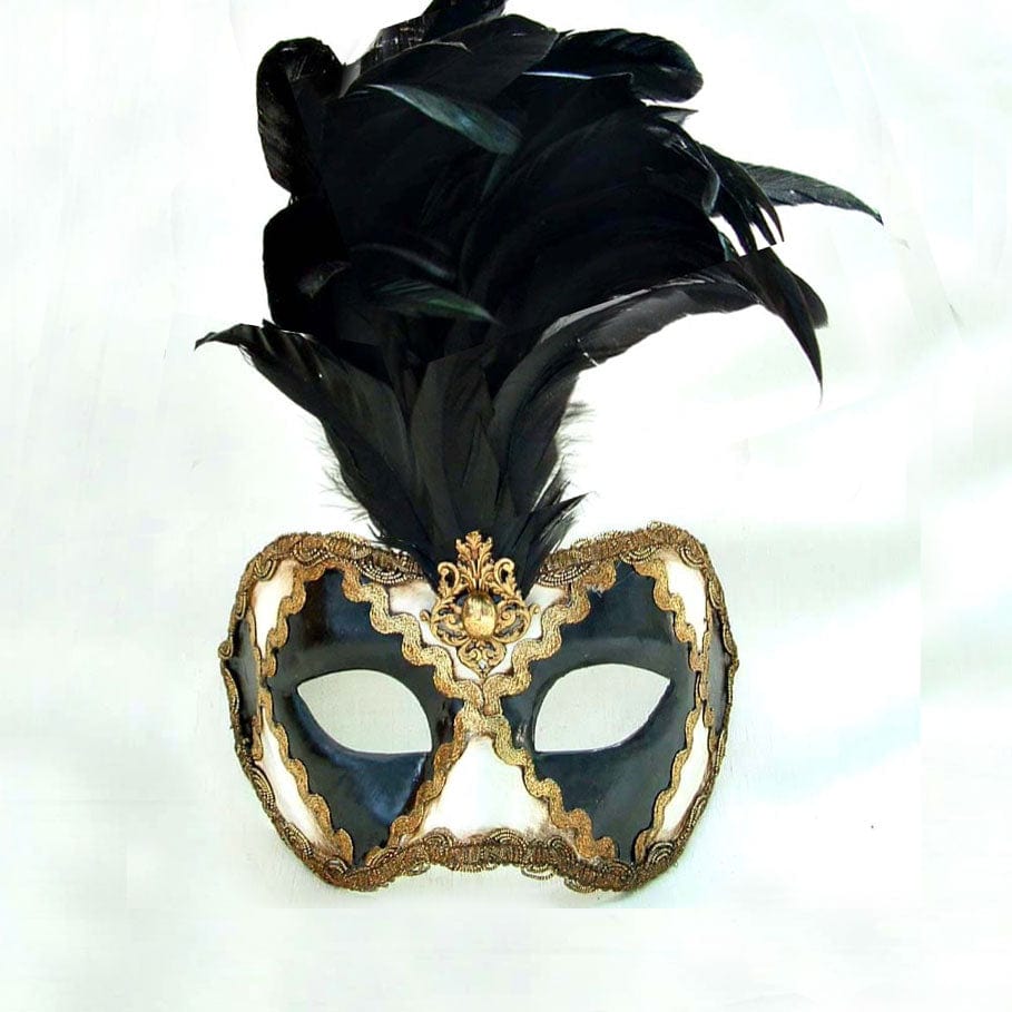 Si Lucia Venetian Masks Galletto Black/Gold Feathers