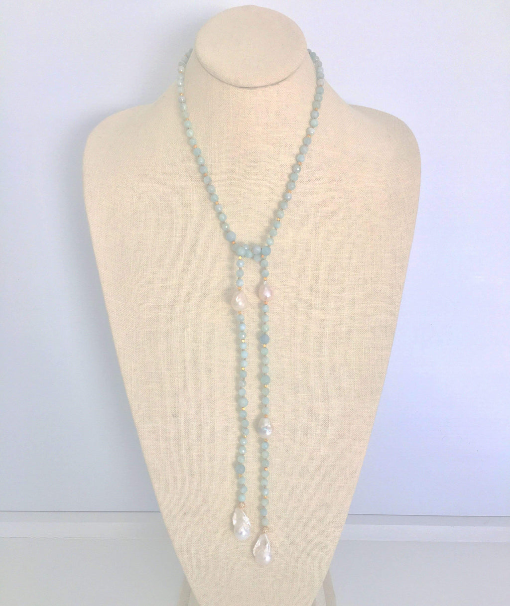 In2Design Necklaces Alice Pearl & Aquamarine Lariat Necklace