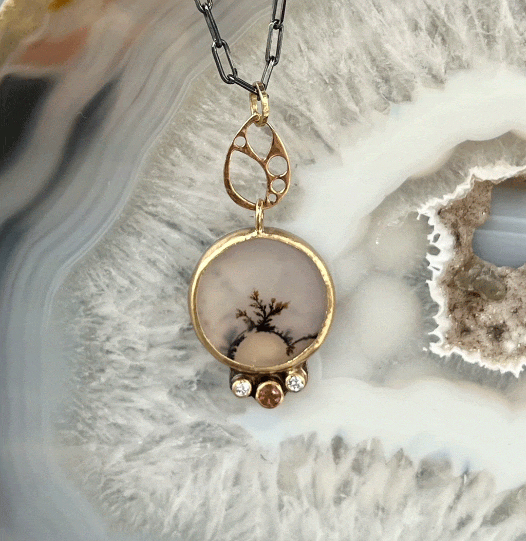 Karin Luvaas Necklaces Dendritic Agate and Sunstone Gold Pendant