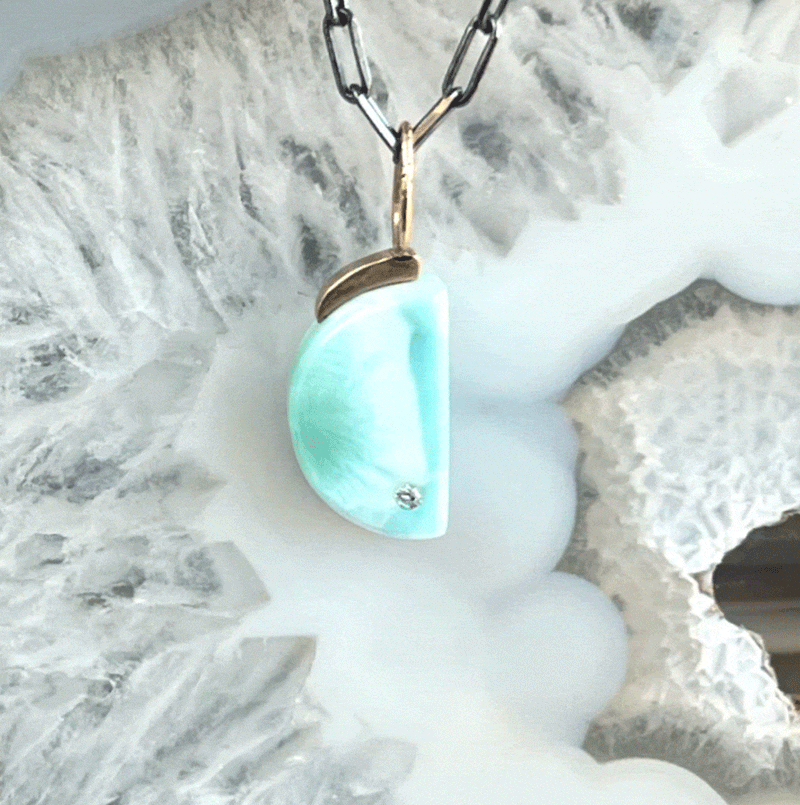 Karin Luvaas Necklaces Larimar and Diamond Gold Moon Pendant