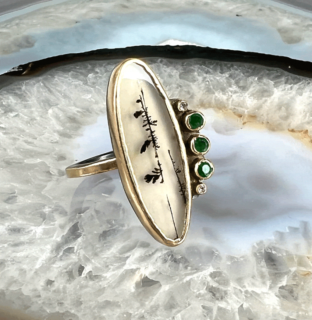 Karin Luvaas Rings Dendritic Agate, Emerald, & Diamond 14k  Ring