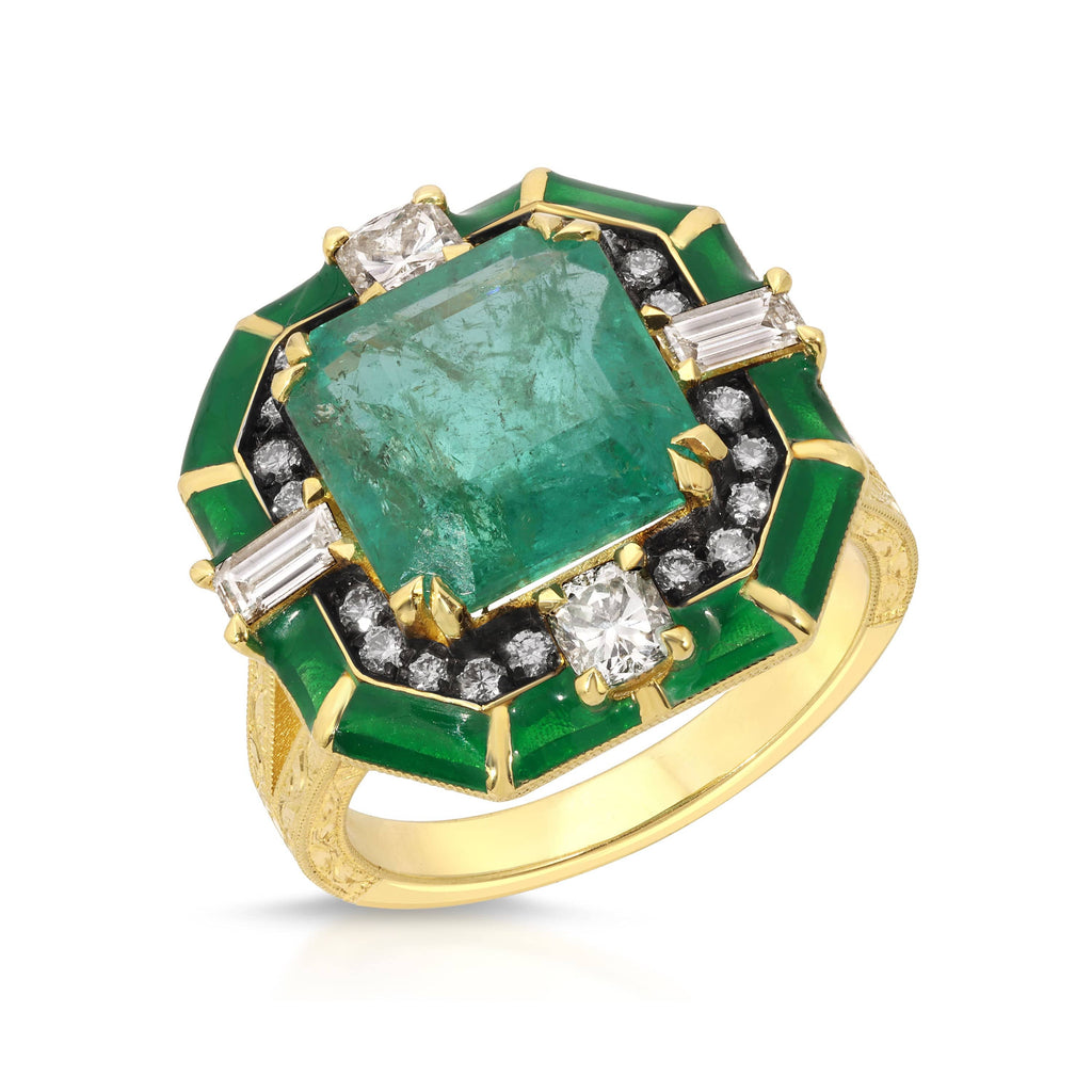 Lord Earrings Emerald, Diamond & Enamel 18K RIng
