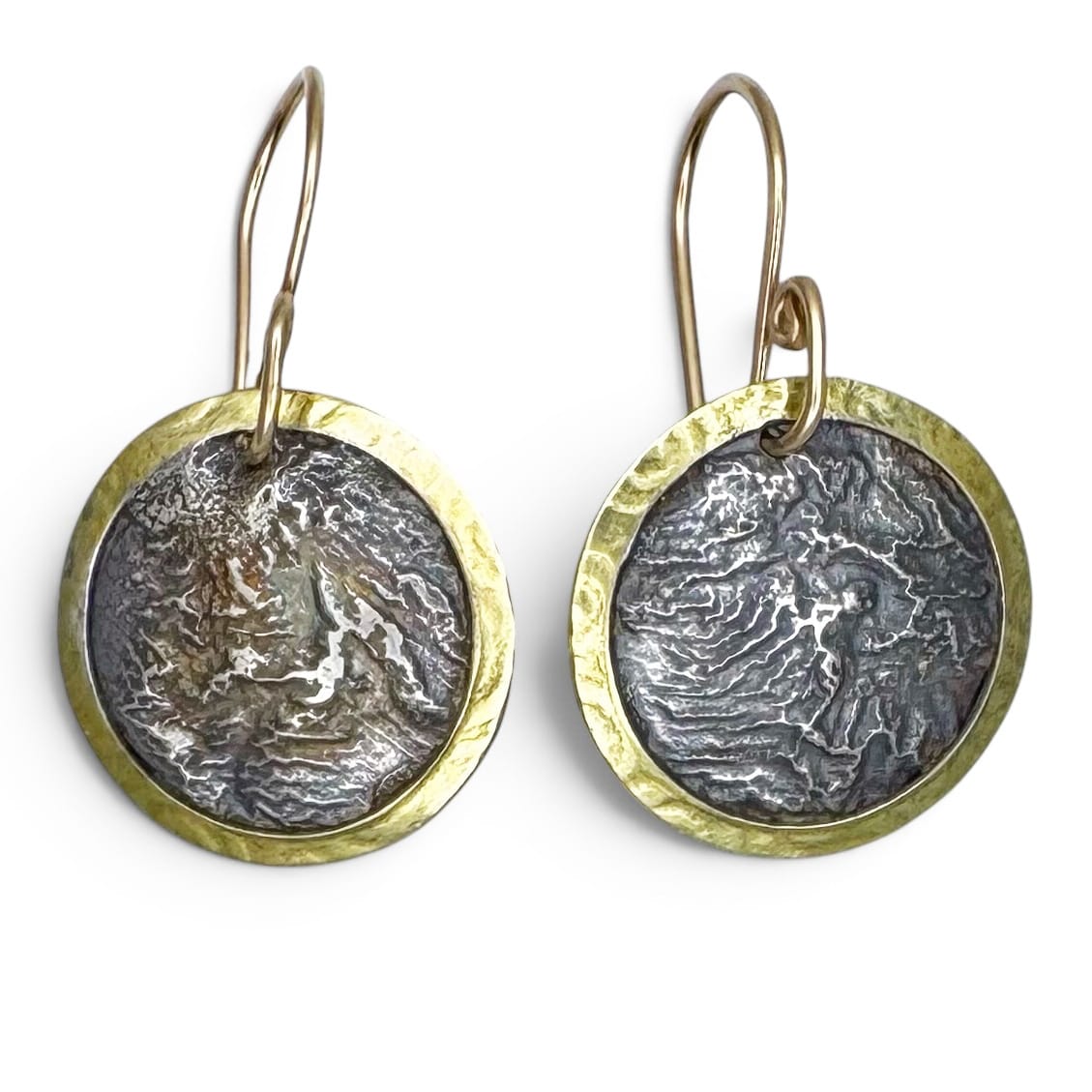 Phineas Rose Earrings Reticulated Silver and Gold Drop Earrings