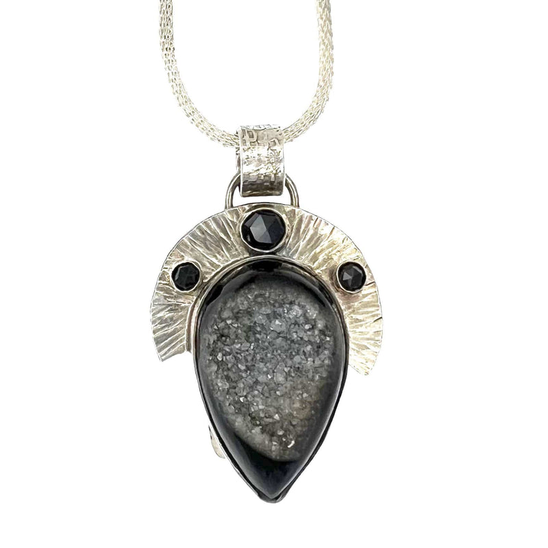 Phineas Rose Necklaces Druzy Obsidian & Spinel Silver Pendant