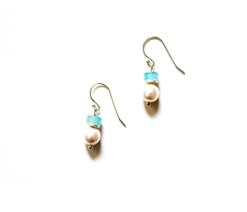 Sea Lily Earrings Aqua & Pearl Piano Wire Earring