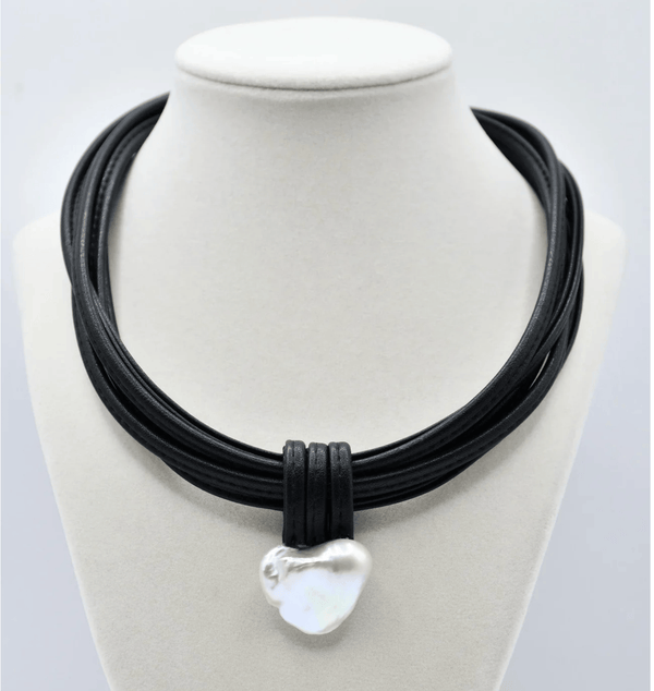 Sea Lily Necklaces Biwa Pearl Black Leather Necklace