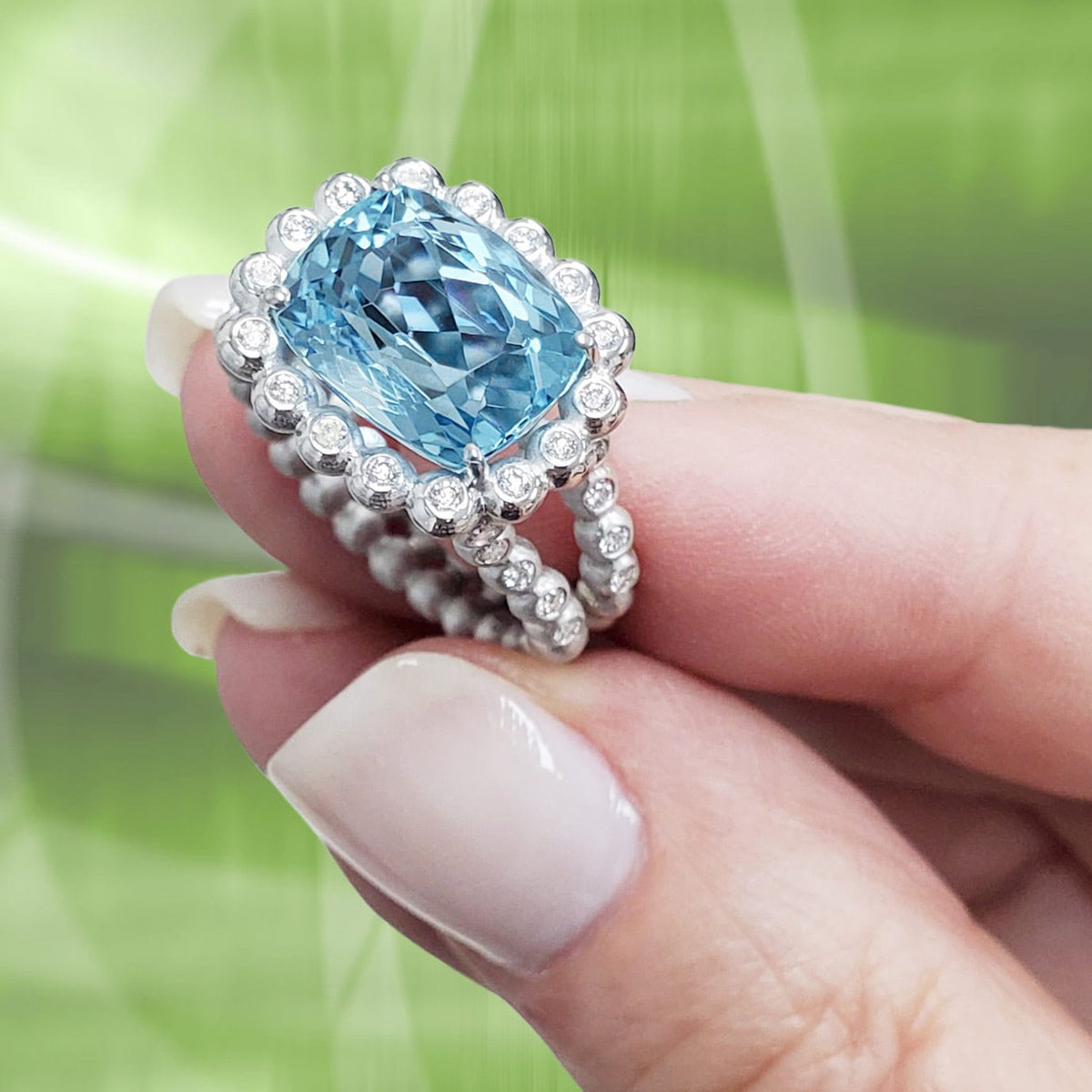 Suzy Landa Earrings 4.78 Ct Aqua .48ct Dia. 18K Ring