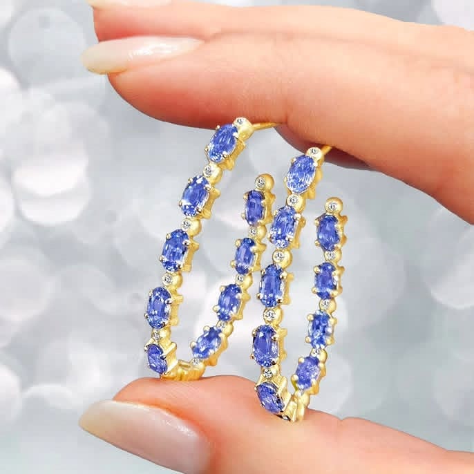 Suzy Landa Earrings 5.47ct Sapphire .22ct Dia. Oval 18K Hoops
