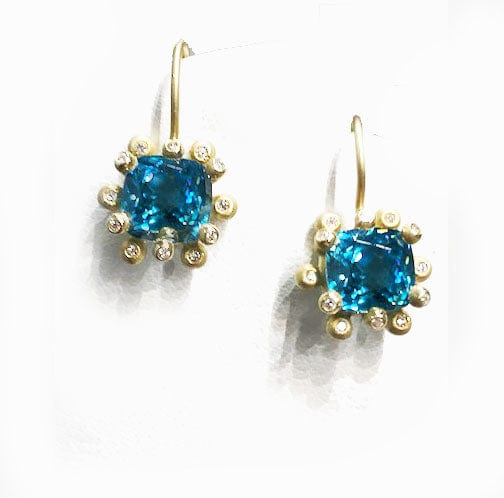 Suzy Landa Earrings 6.7ct Blue Zircon . 12ctDiamond Earrings 18K