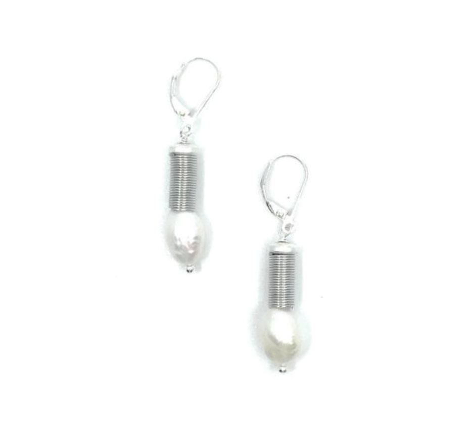 Sea Lily Earrings Pearl Silvertone Tube Earrings