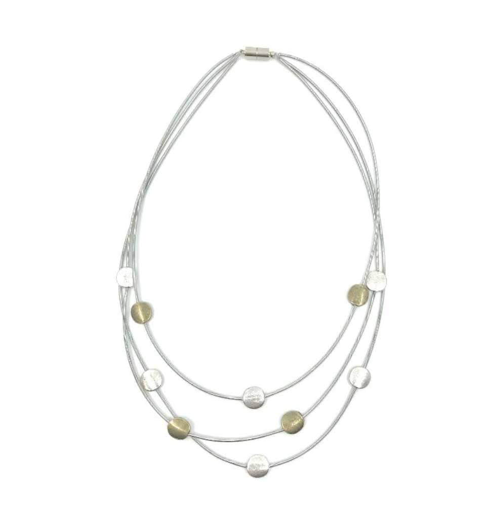 Sea Lily Necklaces 3 Strand Piano Wire Necklace with Silver & Gold Discs